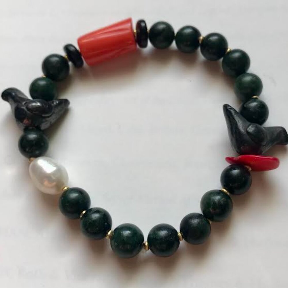 One of a kind stretch  Coral, Jasper, Pearl Bohemian Bracelet size 7